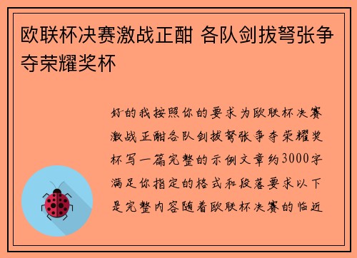 欧联杯决赛激战正酣 各队剑拔弩张争夺荣耀奖杯